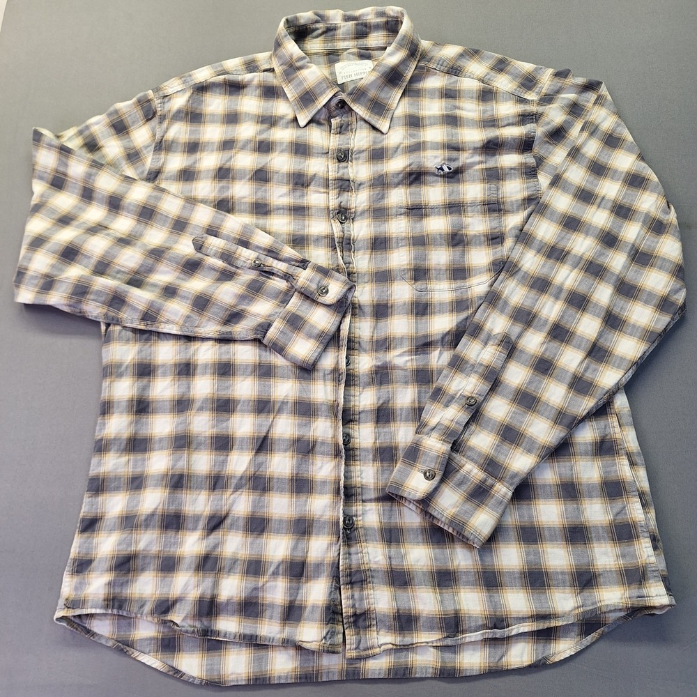 Fish Hippie Mens Rumfront Plaid Cotton Button Down Shirt Grey Tan XL